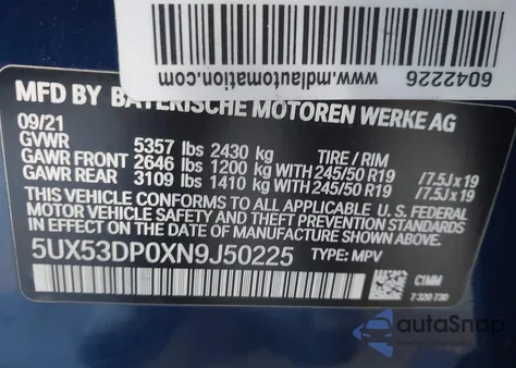 2022 BMW X3 xDrive30I z USA, uszkodzony, nr VIN 5UX53DP0XN9J50225